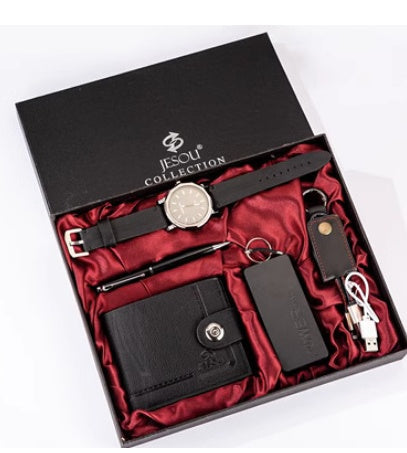 Mens Boutique Gift Set Wallet Power Bank Keychain Large Dial Quartz Watch