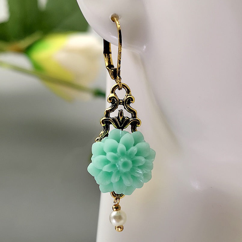 Rongyu Bohemian Fashion Chalcedony Flower Pearl Earrings